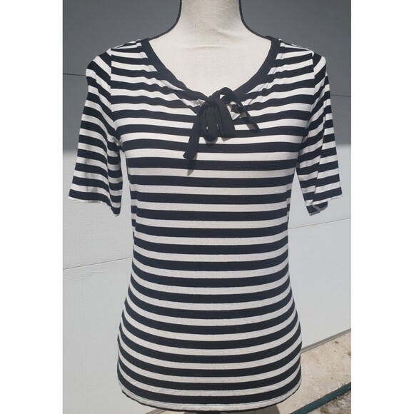 TALBOTS Knit Top Short Sleeve Stretchy Soft Bow Detail Black Striped Size XS - Picture 6 of 9